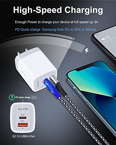 3Pack Dual Port USB-C Wall Plug-in USB Charger, AILKIN 20W Power Delivery + QC3.0 USB A Double Port Fast Charging Block for iPhone 14 13 12 Pro Max 14 Pro 12 Mini 14 11 Pro Max 14 Plus 11 SE X XS Cube