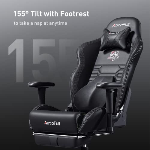 AutoFull Gaming Chair Ergonomic Gamer Chair with 3D Bionic Lumbar Support Racing Style PU Leather Computer Gaming Chair with Retractable Footrest,Black