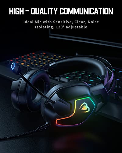 Gaming Headset for Xbox One Series X/S PS4 PS5 PC Switch, Noise Canceling Headphones with Microphone, 3.5mm Audio Jack, Auto-Adjust Headband, RGB Light, Lightweight Wired Gaming Headphones