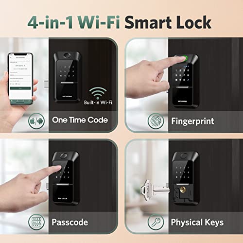 SECURAM Wi-Fi Smart Lock, Keyless Entry Deadbolt Door Lock | Fingerprint, Code and Voice Control with Alexa & Google | Works with Your Smart Home | Front Door (Black)