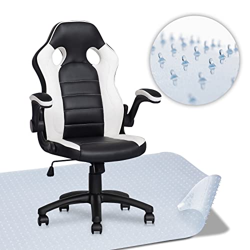 MoNiBloom Ergonomic Computer Racing Style Gaming Chair w/High-Back and Armrests, White + Heavy Duty Chair Mat for Carpeted Floor for Home & Office