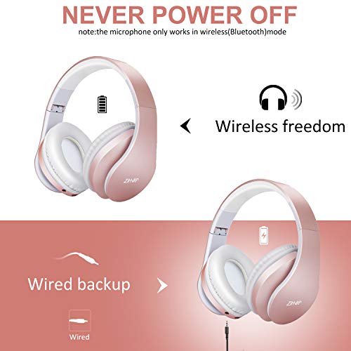 Bluetooth Headphones Over-Ear, Zihnic Foldable Wireless and Wired Stereo Headset Micro SD/TF, FM for Cell Phone,PC,Soft Earmuffs &Light Weight for Prolonged Wearing(Rose Gold)