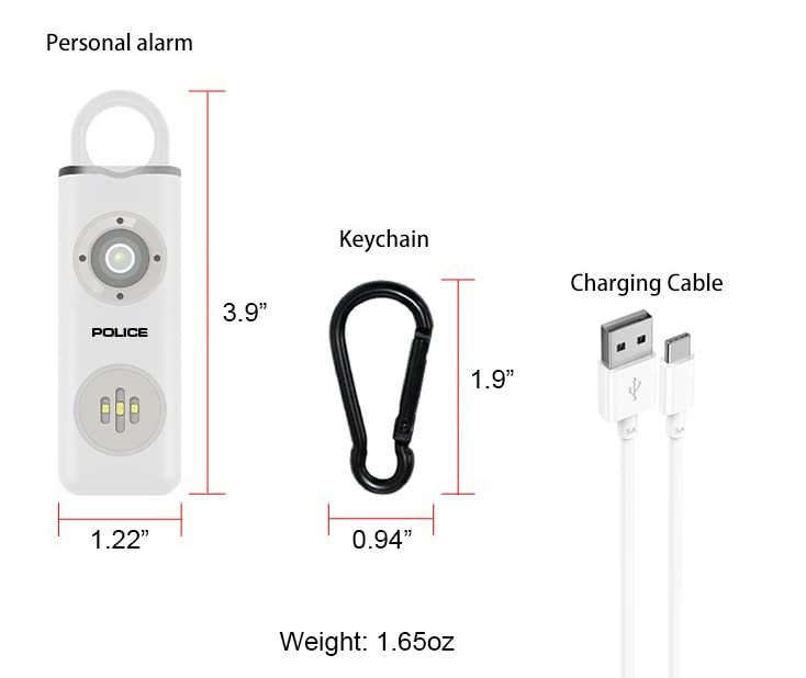POLICE Personal Alarm Keychain For Women – 130dB Siren Alarm, LED Flashlight with Strobe Light Rechargeable Safety Alarm - White
