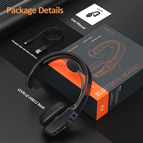 LEVN Bluetooth Headset with Microphone, Trucker Bluetooth Headset with AI Noise Cancelling & Mute Button, Wireless On-Ear Headphones 60 Hrs Working Time, for Trucker Home Office Remote Work Zoom