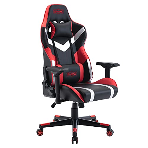 S*MAX Gaming Chair with Wide Seat Ergonomic Computer Gamer Chair with 4D Armrest Creamy PU Leather Headrest and Lumbar Support Racing Style High Back Video Game Chairs for Adults Black and Red