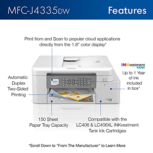 Brother MFC-J4335DW INKvestment Tank All-in-One Printer with Duplex and Wireless Printing Plus Up to 1-Year of Ink in-Box