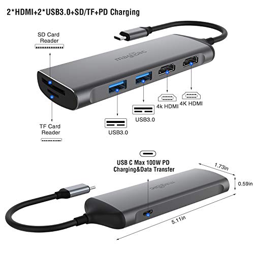 USB C Hub, Laptop Docking Station Dual Monitor Triple Display with 4K HDMI, 2 USB 3.0 Ports, SD/TF Slots and PD 100W Charging Port, 7 in 1 Dock for HP/Dell/XPS/Lenovo/MacBook Pro Full-featured Laptops