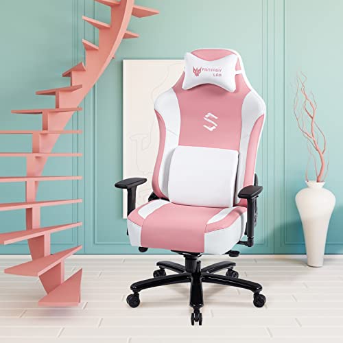 FANTASYLAB Big and Tall 400lb Massage Memory Foam Gaming Chair Adjustable Tilt, Back Angle and 3D Arms High-Back Leather Racing Executive Computer Desk Office Chair, Metal Base (Pink)