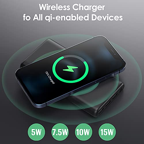 Wireless Portable Charger Power Bank, 33800mAh 15W Fast Wireless Charging 25W Power Delivery QC 4.0 Phone Charger, 5 Output & Dual Input External Battery Pack Compatible with iPhone, Android etc