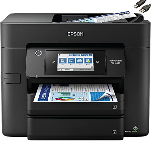 Epson Premium Workforce Wireless All-in-One Color Inkjet Printer with Automatic 2-Sided Printing, 4800 x 2400 dpi, 4.3″ Color Touchscreen,500 Sheets, 50 Pages ADF, Bundle with JAWFOAL Printer Cable
