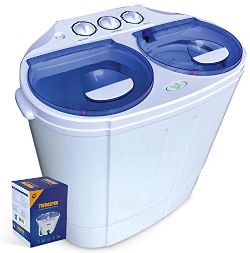 Garatic Portable Compact Mini Twin Tub Washing Machine w/Wash and Spin Cycle, Built-in Gravity Drain, 13lbs Capacity For Camping, Apartments, Dorms, College Rooms, RV’s, Delicates and more