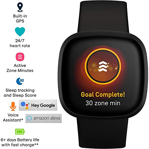 Fitbit Versa 3 Health & Fitness Tracker Smart Watch (Black) with Built-in GPS, Alexa, 24/7 Heart Rate, S & L Bands, Bundle with Charge Dock, Wall Adapter, Screen Protectors & PremGear Cloth for Fitbit