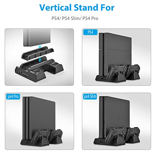 Vertical Stand for PS4/PS4 Slim/PS4 Pro - Cooling Fan with PS4 Charger Controller Charging Station with Game Storage (Black)