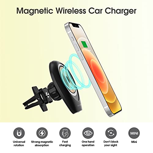 Magnetic Wireless Car Charger, 360° Rotation Adjustable Magnetic Phone Car Mount Compatible with Caseless or Magsaf Cases iPhone 14/13/12 Series, Air Vent Clip Car Charging Mount with Strong Magnet