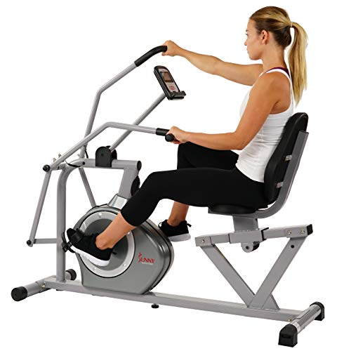 Sunny Health & Fitness Magnetic Recumbent Exercise Bike, 350lb High Weight Capacity, Cross Training, Arm Exercisers, Monitor, Pulse Rate Monitoring | SF-RB4708