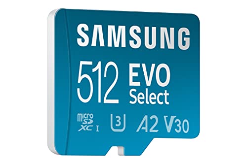 SAMSUNG EVO Select Micro SD-Memory-Card + Adapter, 512GB microSDXC 130MB/s Full HD & 4K UHD, UHS-I, U3, A2, V30, Expanded Storage for Android Smartphones, Tablets, Nintendo-Switch (MB-ME512KA/AM)