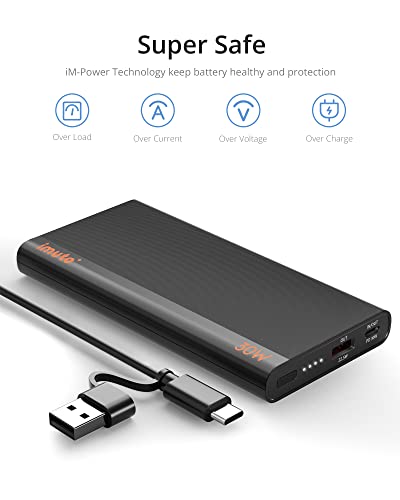 imuto Portable Charger, 30W 10000mAh Slim Fast Charging Power Bank with USB-C PD Power Bank External Battery, Compatible with iPhone 13/12/11 Pro Max/7 Plus/8/XR, Samsung, iPad, MacBook Air (Black)