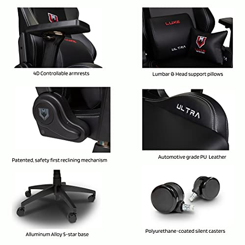 Luxe Ultra Gaming Chair and Desk Chair- Black Body with Black seat Side Panels and White Stitching