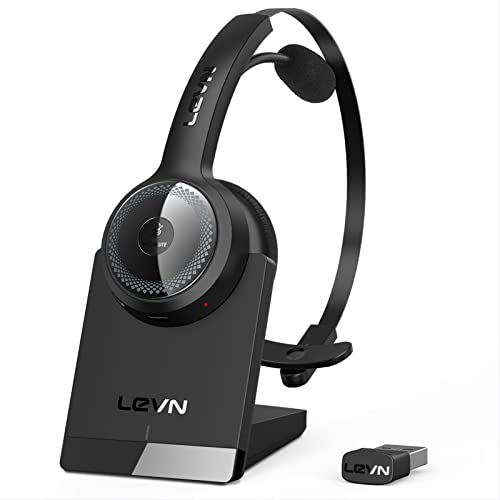 LEVN Bluetooth 5.0 Headset, Wireless Headset with Microphone (AI Noise Cancelling), 35Hrs Bluetooth Headphones with USB Dongle for PC, Suitable for Remote Work/Call Center/Zoom/Online Class/Trucker