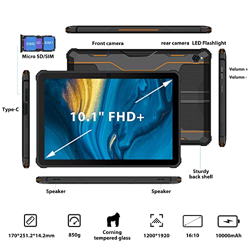 Tablet 10.1 Inch FHD+ (1920x1200), OUKITEL RT1 Android 11 Rugged Tablets 10000mAh Battery, Octa-Core 4GB RAM 64GB ROM, SD-128GB, 4G LTE Dual SIM+5G WiFi, IP68/IP69K Waterproof Tablet, GPS, OTG,Orange