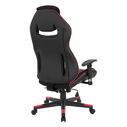 OSP Home Furnishings BOA II Ergonomic Adjustable High Back Gaming Chair with Thick Padded Coil Spring Seat, Built-in Lumbar Support and Headrest, Black with Red Accents