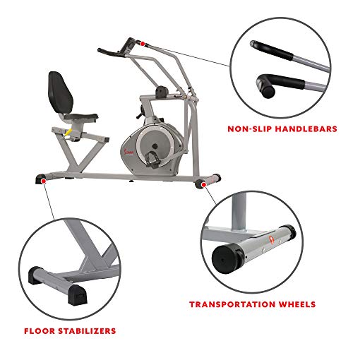 Sunny Health & Fitness Magnetic Recumbent Exercise Bike, 350lb High Weight Capacity, Cross Training, Arm Exercisers, Monitor, Pulse Rate Monitoring | SF-RB4708