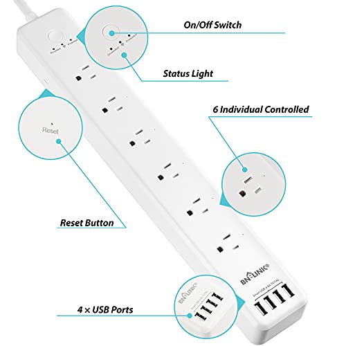 BN-LINK Smart Power Strip Compatible with Alexa Google Home, Smart Plug WiFi Outlets Surge Protector with 4 USB 6 Charging Port Multi Plug Extender,15A