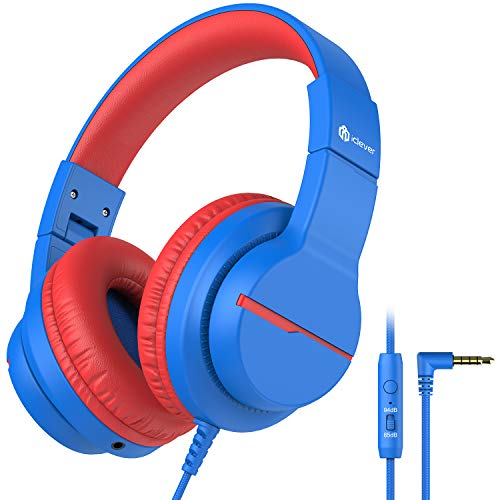 iClever HS19 Kids Headphones with Microphone for School, Volume Limiter 85/94dB, Over-Ear Girls Boys Headphones for Kids with Shareport, Foldable Wired Headphones for iPad/Fire Tablet/Travel, Blue