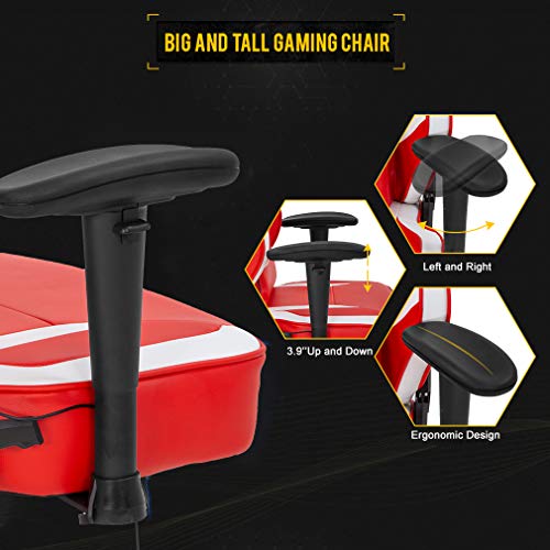 Gaming Chair Big and Tall Office Chair 500lb Wide Seat Desk Chair with Lumbar Support Headrest 2D Arms Task Swivel Ergonomic PU Adjustable Massage Racing Computer Chair for Adults Gamer (Red)