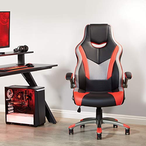 OSP Home Furnishings Uplink Ergonomic Adjustable High Back Faux Leather Gaming Chair with Thick Coil Spring Seat and Padded Flip Arms, Red Trim