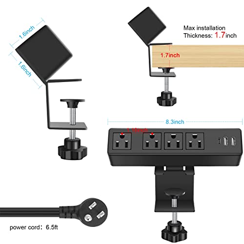 Desktop Clamp Power Strip with USB C, Surge Protector 900J Power Charging Station Outlet with 4 AC Plugs 2 USB A 1 USB C PD 20W Fast Charging Outlets for Home Office Garage Workshop