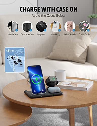 Wireless Charger, Wireless Charging Station, 4-in-1 Foldable Charger Stand, 15W Fast Charging Dock, Qi-Certified for iPhone 13/12/11 Pro Max, Samsung & Android Phones, Apple Watch, AirPods and Pencil