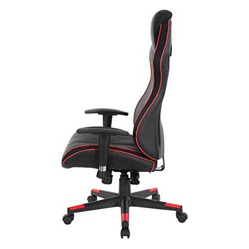 OSP Home Furnishings BOA II Ergonomic Adjustable High Back Gaming Chair with Thick Padded Coil Spring Seat, Built-in Lumbar Support and Headrest, Black with Red Accents