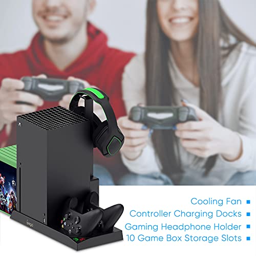 Vertical Cooling Stand for Xbox Series X Console - Dual Controller Charging Dock Station with 2 Pack 1400mAh Batteries & Game Rack Storage Organizer and Gaming Headphones Holder for Xbox Series X