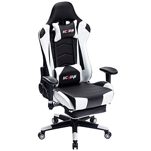 KCREAM Gaming Chair with Footrest Adults Gamer Chair High Back PU Leather Gaming Computer Chair Large Racing Game Chair, with Adjustable Armrests and Massage Lumbar Support (White)