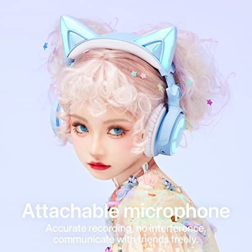 YOWU RGB Cat Ear Headphone 4, Upgraded Wireless & Wired Gaming Headset with Attachable HD Microphone -Active Noise Reduction, Dual-Channel Stereo & Customizable Lighting and Effect via APP (Blue)