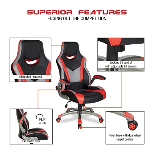 OSP Home Furnishings Uplink Ergonomic Adjustable High Back Faux Leather Gaming Chair with Thick Coil Spring Seat and Padded Flip Arms, Red Trim