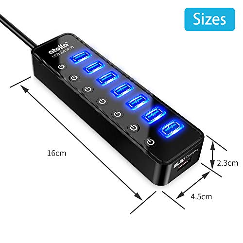 Powered USB Hub 3.0, Atolla 7-Port USB Data Hub Splitter with One Smart Charging Port and Individual On/Off Switches and 5V/4A Power Adapter USB Extension for MacBook, Mac Pro/Mini and More.