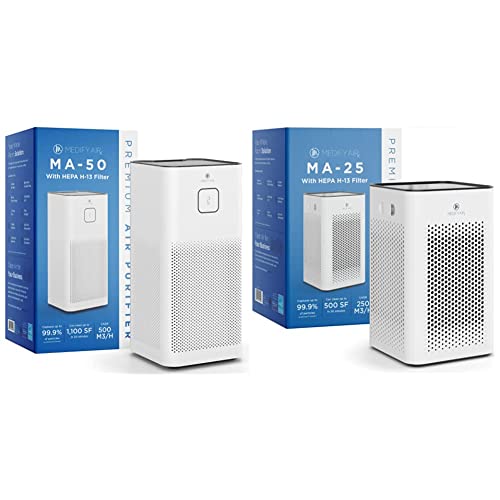 Medify MA-50 Air Purifier with H13 HEPA filter, '3-in-1' Filter | Modern Design (1-Pack,White) & MA-25 Air Purifier, 1-Pack, White