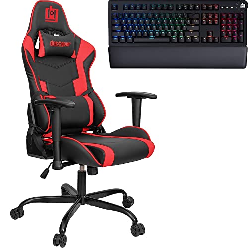 Deco Gear Red Ergonomic Foam Gaming Computer Chair with Adjustable Head and Lumbar Support, Hydraulic Seat Adjustment, Adjustable Armrests, Includes Mechanical Gaming RGB Cherry Red MX Keyboard