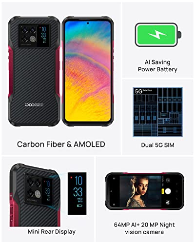 5G Rugged Smartphone DOOGEE V20 (2022) 8GB+256GB 6.43'' AMOLED DotDisplay 64MP+20MP Night Vision Camera Unlocked Cell Phone Android 11 33W Fast Charge 6000mAh Dual SIM IP68 Waterproof Smartphone NFC