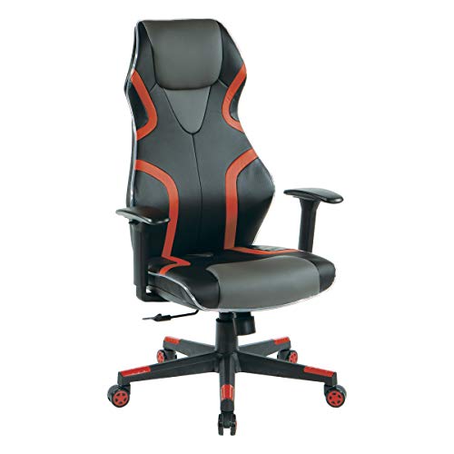 OSP Home Furnishings Rogue High-Back LED Lit Gaming Chair, Black Faux Leather with Red Trim and Accents