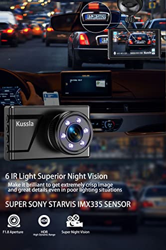 Dash Cam with 32GB SD Card, Kussla 1920P Dash Camera for Cars, Super Night Vision 6 IR Light, 170° Wide Angle Dashcam, 3inch Dashboard, Loop Recording, WDR, G-Sensor, Parking Monitor, Motion Detection