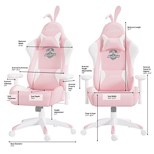 AutoFull Pink Bunny Gaming Chair Cute Kawaii Gamer Chair for Girl Ergonomic Computer Gaming Chair with Lumbar Support PU Leather High Back Racing Gaming Chairs