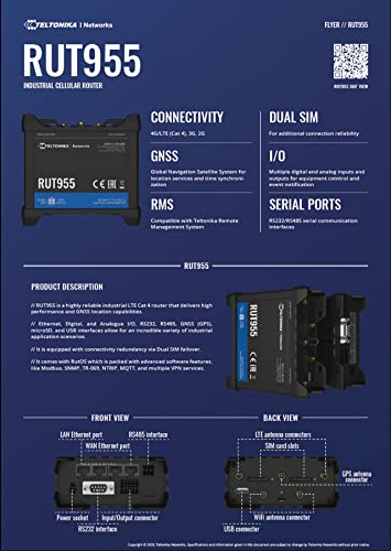 Teltonika RUT955K034S0 Rugged 4G/LTE Dual SIM Cellular Router with Advanced Wi-Fi for Verizon, Dual SIM for Additional Connection Reliability