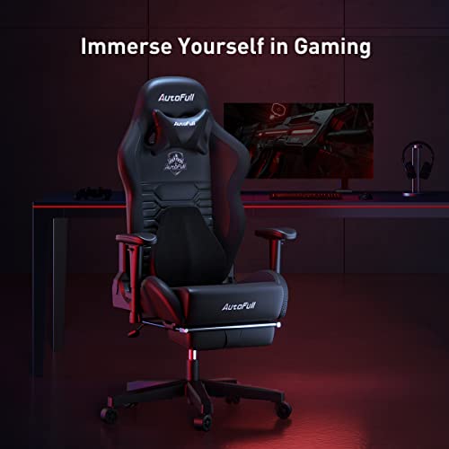 AutoFull Gaming Chair Ergonomic Gamer Chair with 3D Bionic Lumbar Support Racing Style PU Leather Computer Gaming Chair with Retractable Footrest,Black