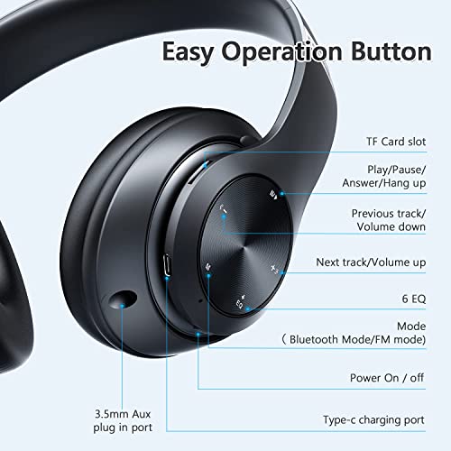 Bluetooth Headphones Over-Ear, 60 Hours Playtime Foldable Lightweight Wireless Headphones Hi-Fi Stereo with 6 EQ Modes, Bass Adjustable Headset with Built-in HD Mic, FM, SD/TF for PC/Home (Black)