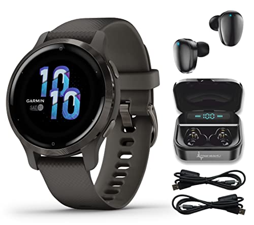 Garmin Venu 2S GPS Sport Fitness Smaller-Sized Smartwatch, Slate Bezel with Graphite Case and Silicone Band, AMOLED Display, Music with Wearable4U Black Earbuds with Charging Case Bundle