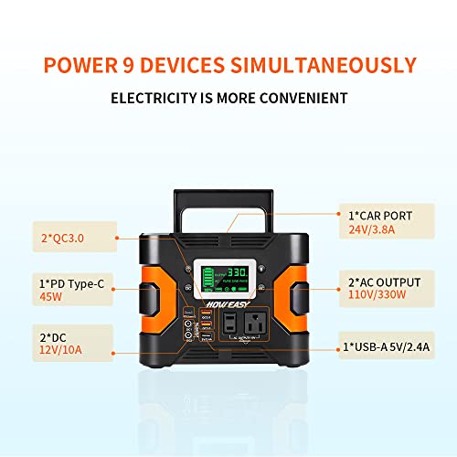 HOWEASY Portable Power Station, 330W (Peak 380W) Solar Generator (Solar Panel Not Included), 300Wh Backup Lithium Battery, with 110V/330W AC Outlet and LED Light, for Family Camping RV Emergency