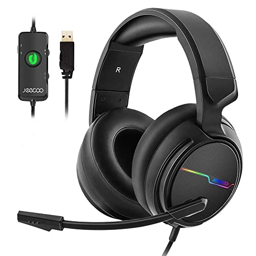 Jeecoo USB Pro Gaming Headset for PC - 7.1 Surround Sound Headphones with Noise Cancelling Microphone- Memory Foam Ear Pads RGB Lights for Laptops